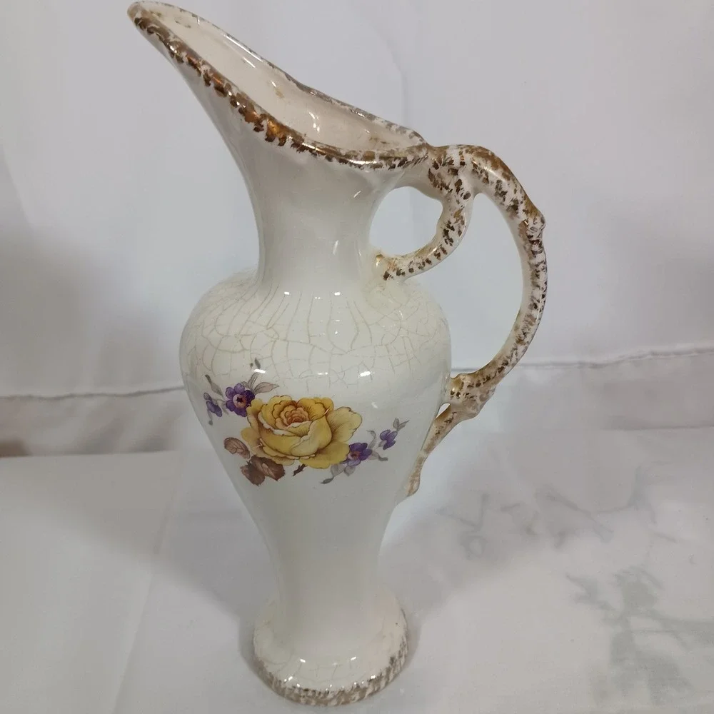 Vintage Pitcher Vase Home Decor Med Cream Good Floral Crackle Glaze Gold Trim